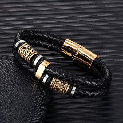 Viking Compass Runes Amulet Bracelet for Men Stainless Steel Genuine Leather Norse Mythology Jewelry
