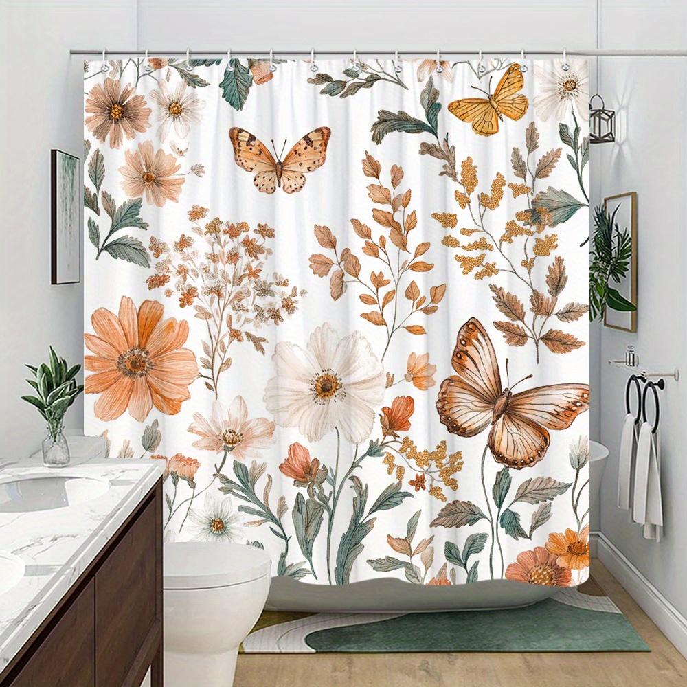 1 Botanical Floral Shower Curtain With Orange, White And Cream Flowers, Delicate Butterflies And Green Leaves