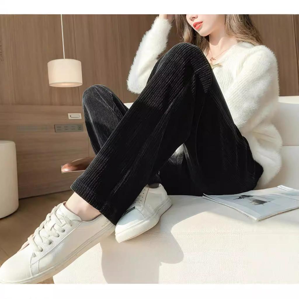 Corduroy Straight Narrow Version Casual Pants for Women In Autumn and Cold Season New Thickened Warm High-waisted Small White Trousers