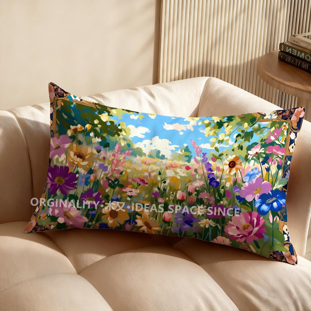 Vintage Floral Field Print Rectangular Pillowcase Suitable For Sofa Bedroom Car Pillow Cover Cushion Rectangular Back Cushion
