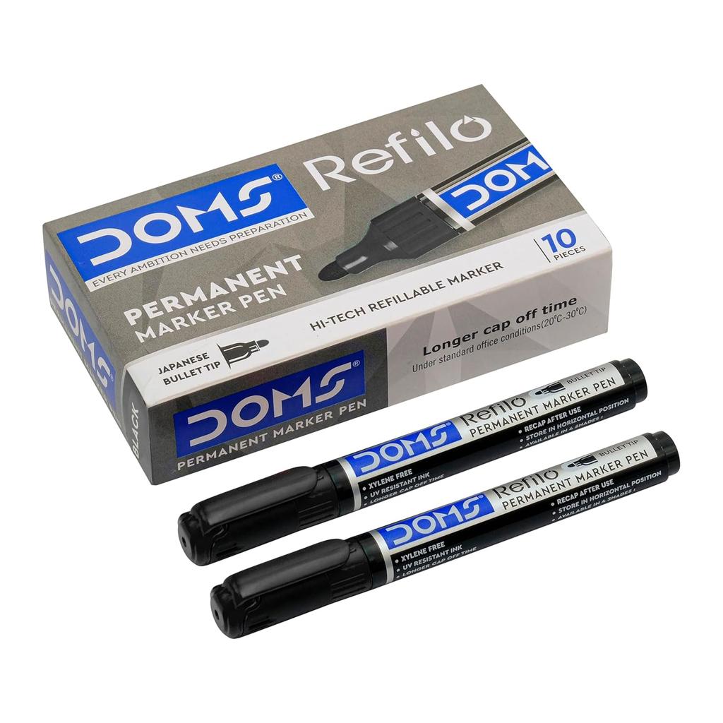 DOMS Refilo Permanent Marker Pen Pack of 10 Black Ink Hi-Tech Refillable Japanese Bullet Tip Non-Toxic Office School Use