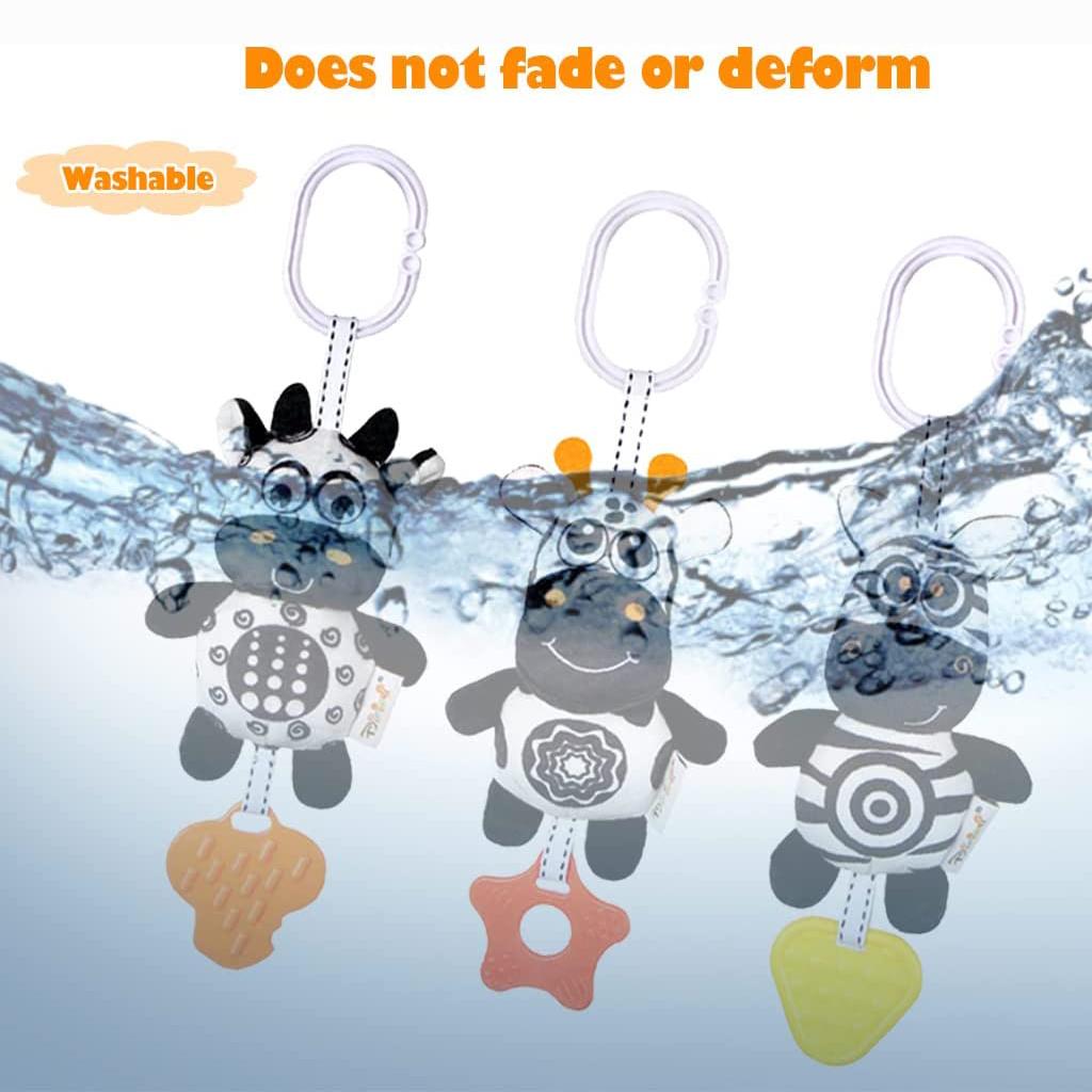 3 Pack Hanging Rattle Toys,Cartoon White Black Stuffed Stroller Plush Toys for Newborn 0-18 Month Baby Bed Crib Toys with Wind Chimes (Zebra,Deer&Cow)