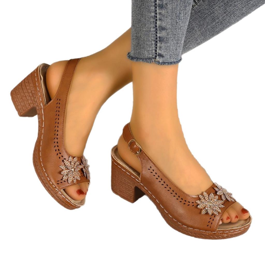 Fashion 2025 New Ladies Shoes Buckle Strap Women's Sandals Fashion Crystal Floral Office and Career Plus Size Open Toe Heeled Sandals