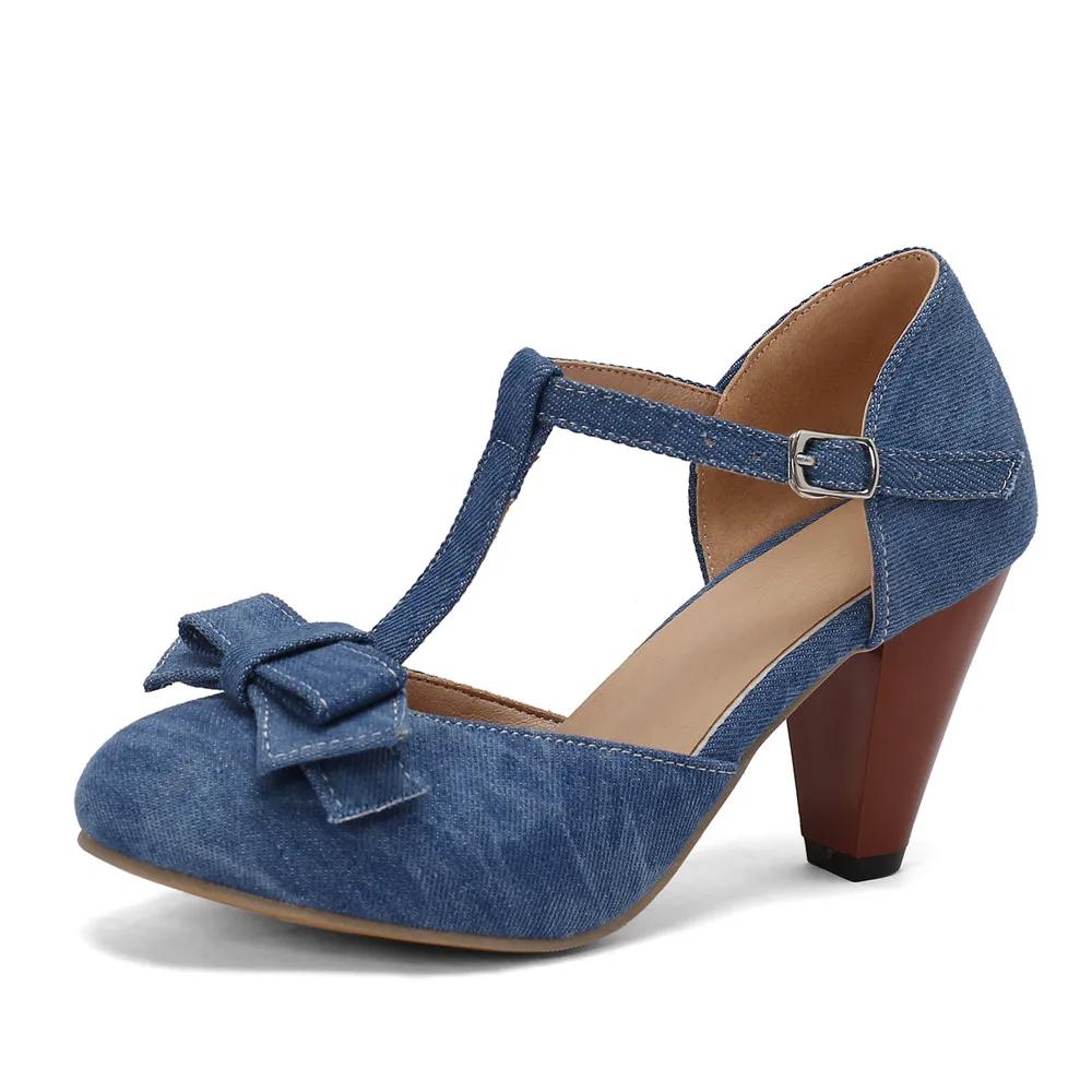 

Мода 2025 Весна Лето Девочки Туфли на высоком каблуке Деним Женские лодочки Т-образная застежка Модные туфли-шпильки Высокие каблуки для офиса Вечеринки Банкета 43 синий