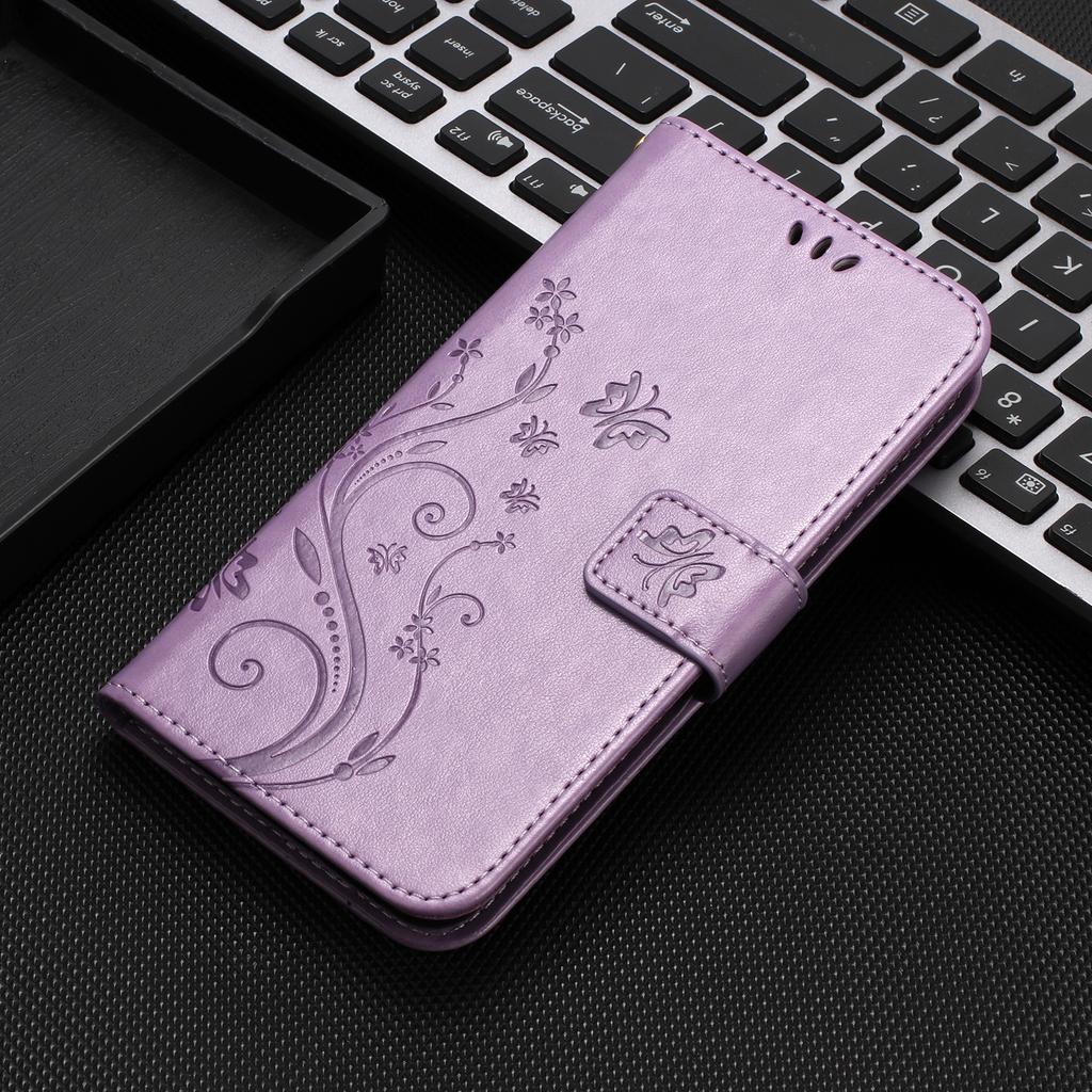 For Oppo A5 4G Leather Wallet Case Butterfly Flower Imprint Phone Cover with Strap