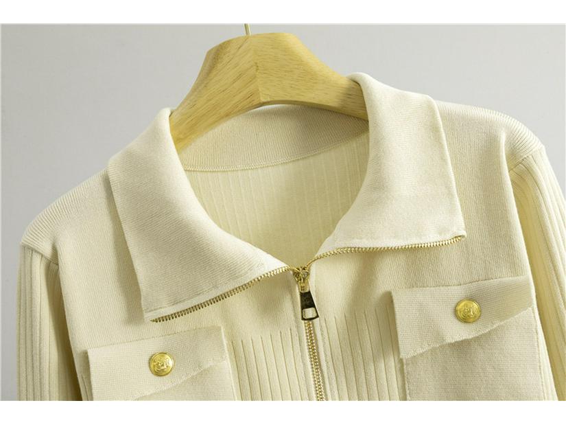 Women's Polo Collar Zipper Cardigan & Knit Skirt Two-Piece Set - Spring/Autumn Fashion.
