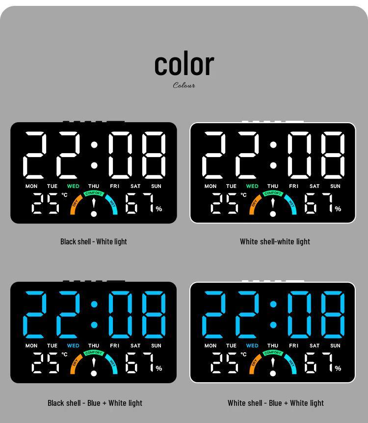 GH9007 Multifunctional LED Clock: Large Screen, Wall-Mountable & Tabletop, with Temperature, Humidity, and Alarm Features.