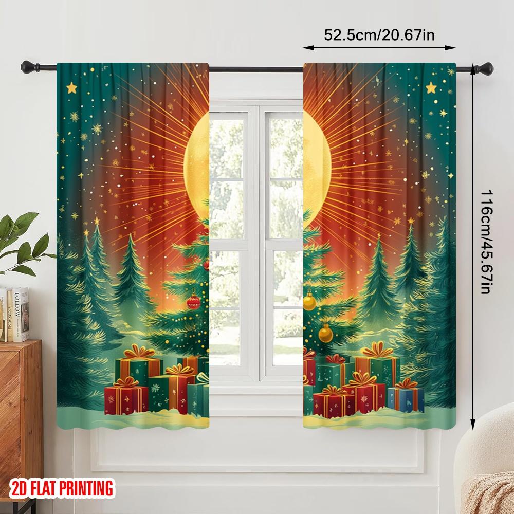 2pcs,2D plane printing Curtain Popular Christmas Tree Star Moon Gifts (3) Versatile Durable Polyester (without rod) Decorations