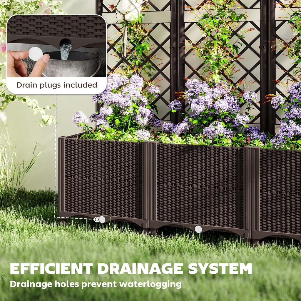 Raised Garden Bed with Trellis, Plastic Planter Box with Drainage Holes, Drain Plugs and Water Reservoirs for Climbing Plants, Vegetables, Flowers