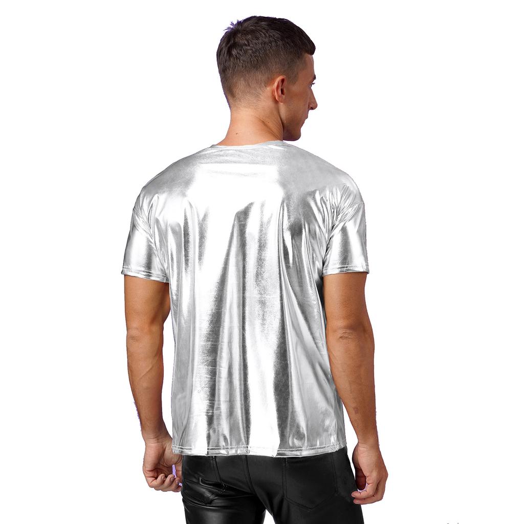 Pánský metalický lesklý funkční top s kulatým výstřihem a krátkým rukávem pro klubová vystoupení nebo taneční večírky