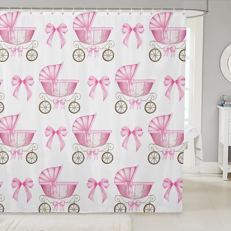 Feelyou Pink Bow Bath Curtain for Kids Boys Girls 72"x72" Cute Dreamy Princess Style Shower Curtain Waterproof Bow Pattern Bathroom Shower Curtain