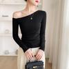 Off-the-Shoulder Ribbed Cotton Slim-Fit Top for Women - Autumn/Winter Collection
