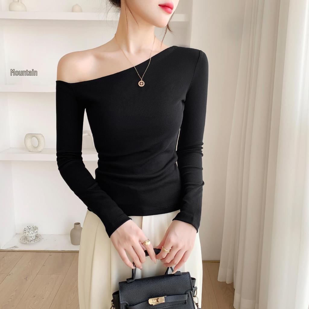 Off-the-Shoulder Ribbed Cotton Slim-Fit Top for Women - Autumn/Winter Collection
