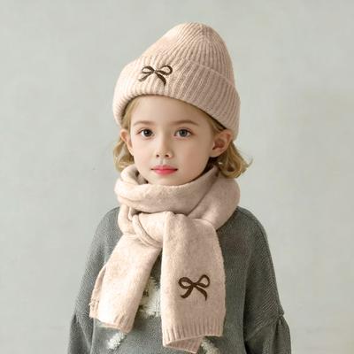 2Stk/Set Kinder Hut Schal Set Schleife Gestrickte Kapuze Winddicht Nackenschal Set Verdickt Weich Warm Gemütlich Herbst Winter Tragen