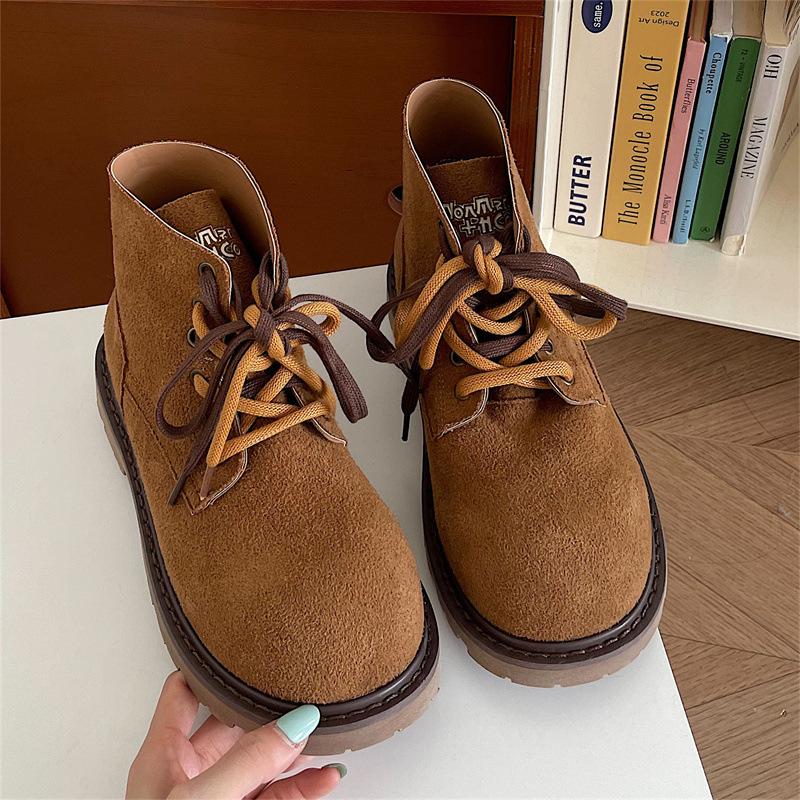 Fashion Comemore Retro Flache Stiefel für Damen Wildleder Schnürung Mode 2025 Herbstschuhe Goth Uni Chelsea Runde Zehe Damen Stiefeletten