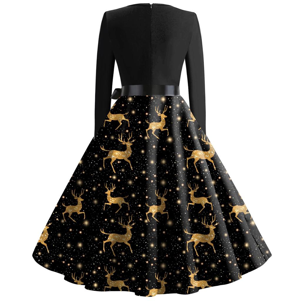 Women's Casual Fashion Long Sleeve Christmas Graphic Printed Vintage Long Dresses
