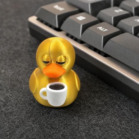 3D Printed Coffee Duck Collectible Figurine, Detailed Gold Duck Holding Coffee Cup Desk Decor for Colleagues And Friends