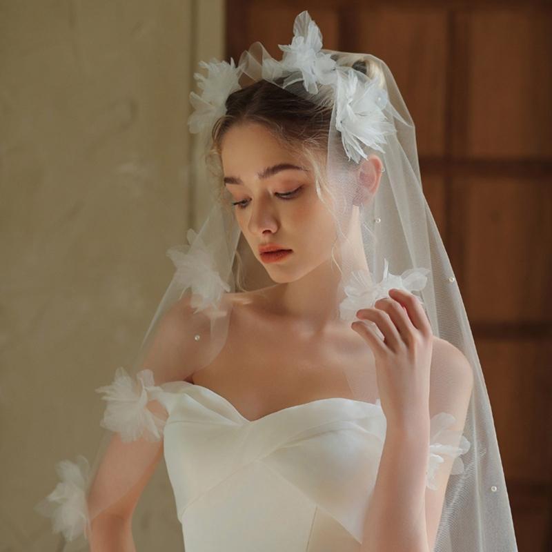 Flower Beaded Veil Wedding Veil Bridal Shower Headwear Photoshooting Accessory