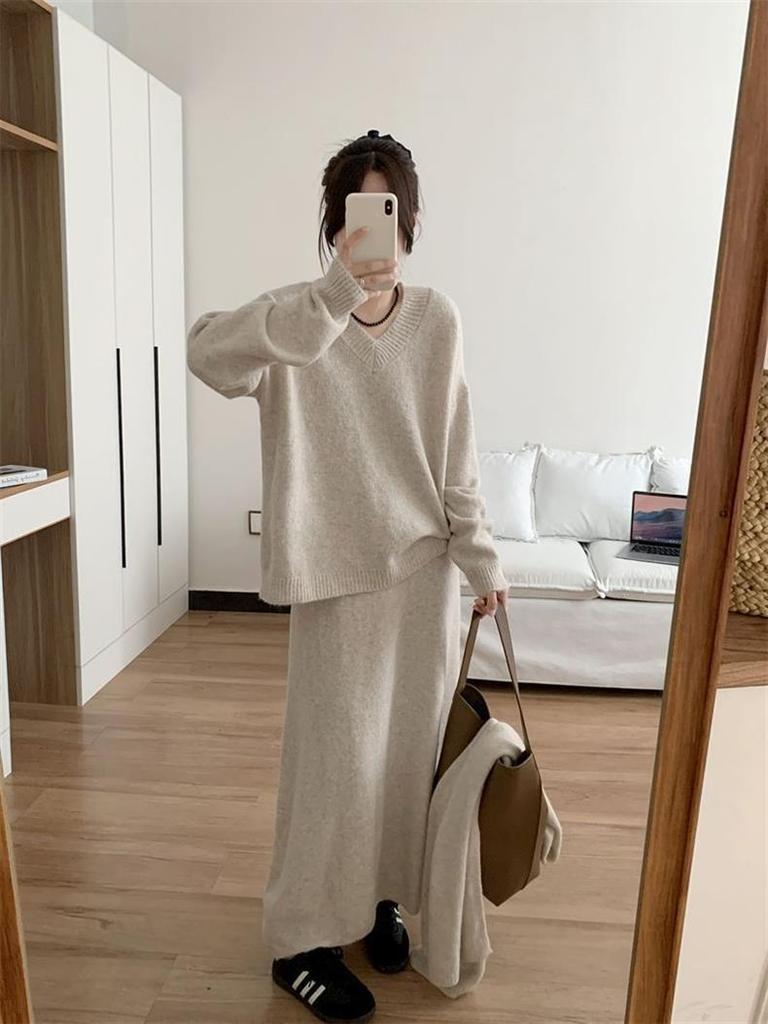 Strick-Zweiteiler in Übergröße: Weicher Bauchweg-Midirock & Top für Herbst/Winter