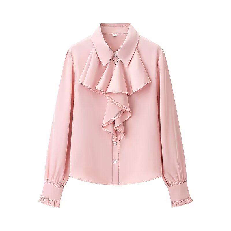 Kaslead New Women clothes Western Style Fashion Silk Satin Texture Frill Long sleeve Shirts