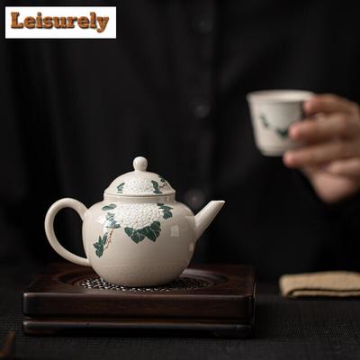 Teiera in Ceramica Grigio Erba Retro Estetica Camelia Ortensia Vaso da Fiori Bollitore per Infusione Tè Cinese Forniture per Stoviglie Ornamenti