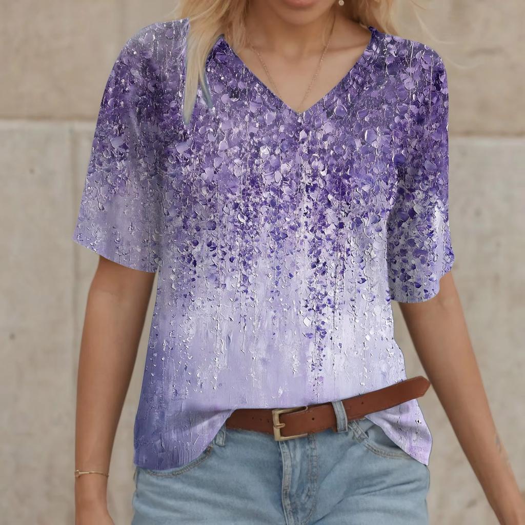 vintage women floral print t shirt short sleeve v neck tops comfortable t-shirts