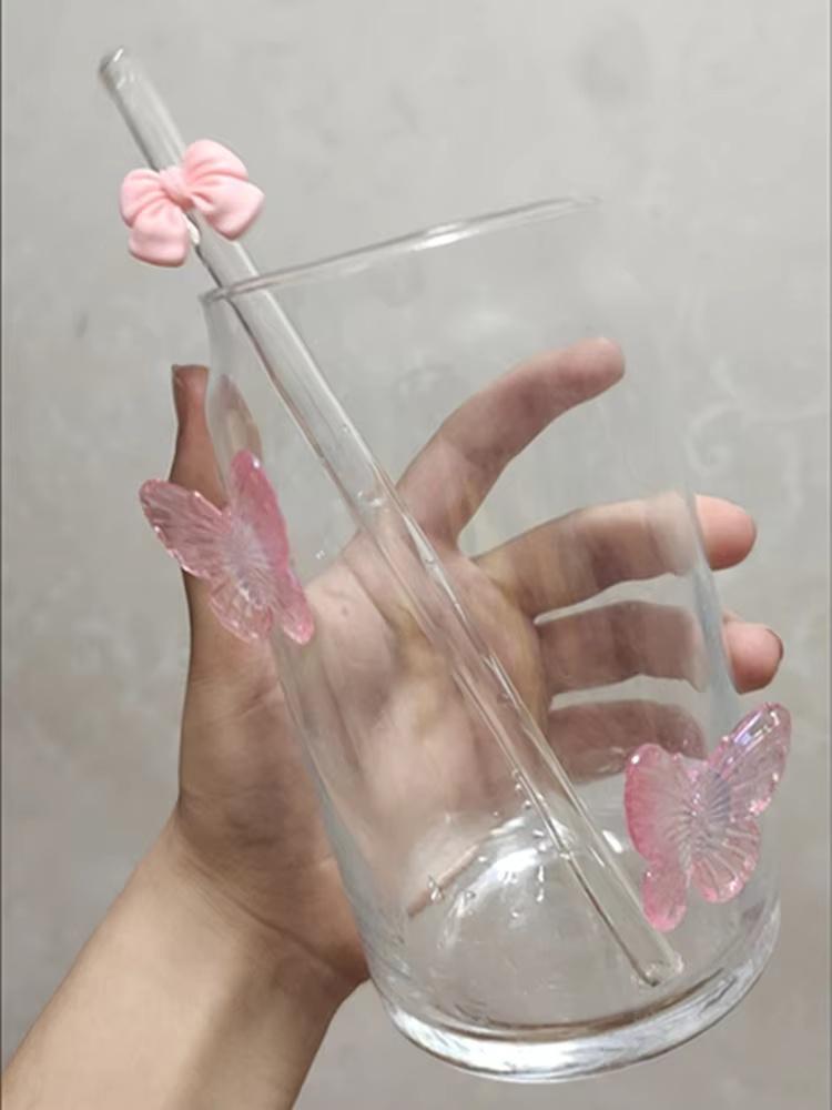 

Glass Cup With Straw For Iced Coffee 3D Butterfly Glass Tumbler 450ML Juice Smoothie Drinking Cups 401-500ml чистый