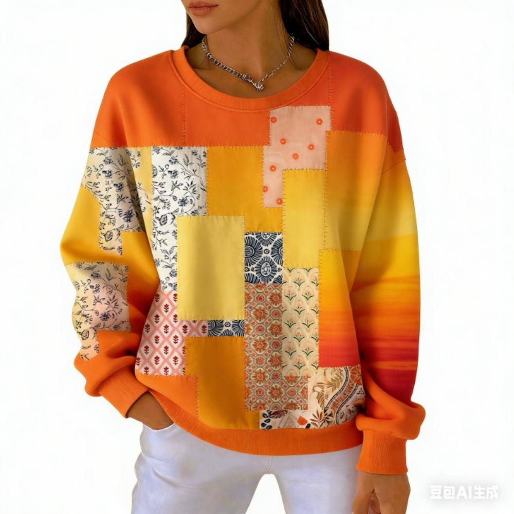 אופנת אביב שילוב צבעים חולצת טי לנשים קז'ואל הדפס וינטג' פולאובר לנשים בגדי שרוול ארוך קז'ואל בחוץ חולצות טי עליון