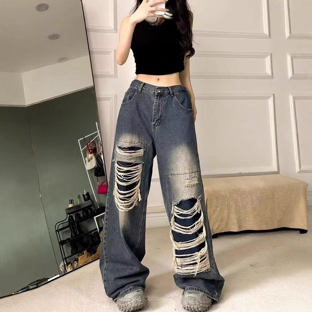 Women's Distressed Ripped High-Waist Wide-Leg Jeans for Autumn