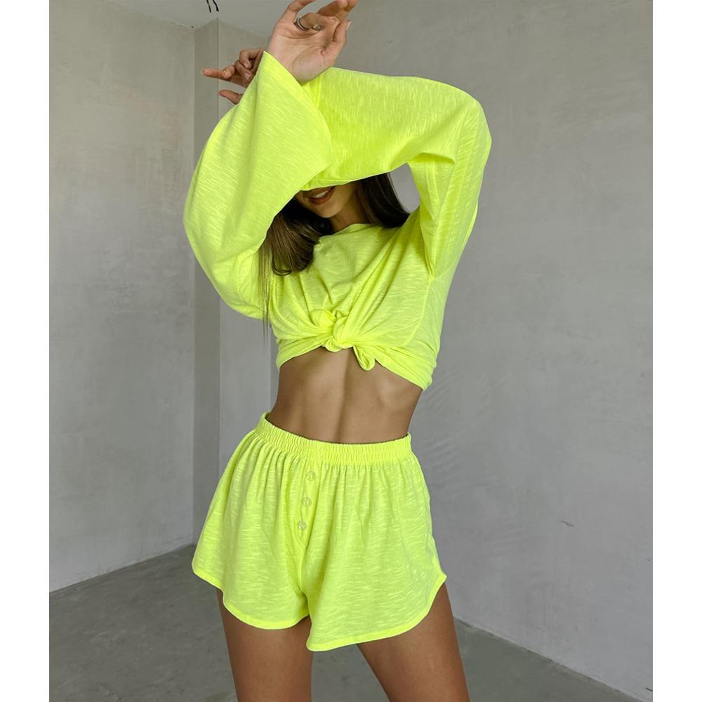 Einfaches Damen-Pyjama-Set - Unifarben - Langarm - Kurze Hose - Locker und Bequem - Lässiger Stil - Hauskleidung