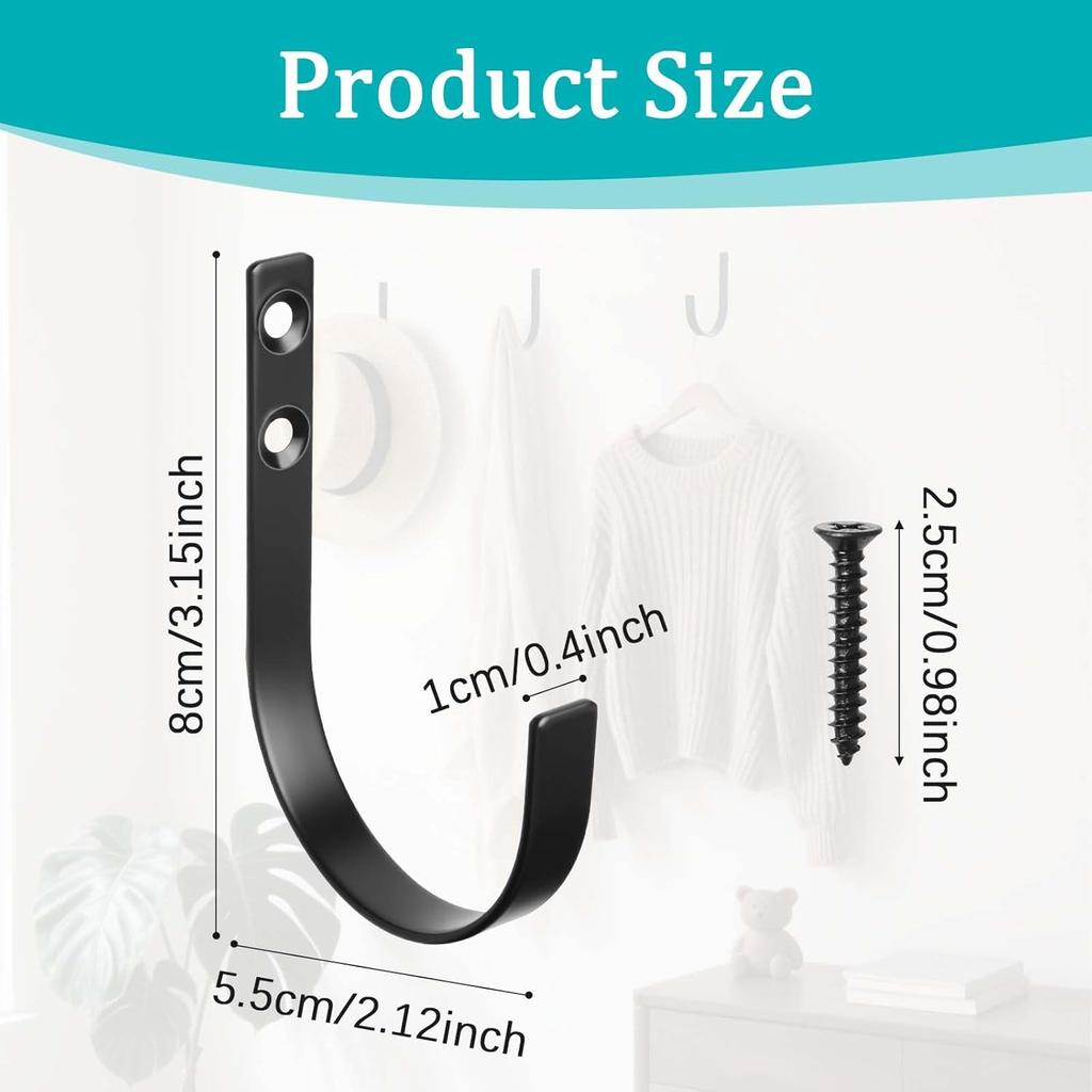 6 Pack Wall Hooks for Hanging, Heavy Duty Metal Coat Hooks Wall Mounted, No Rust Black Metal Wall Hooks for Living Room, Bathroom, Kitchen, Bedroom,