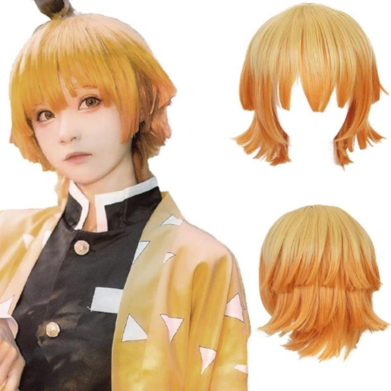 Agatsuma Zenitsu Cosplay Costume Wig Haori Embroidery Top Elastic Pants Belt Rose Net Cos Halloween Christmas Gift