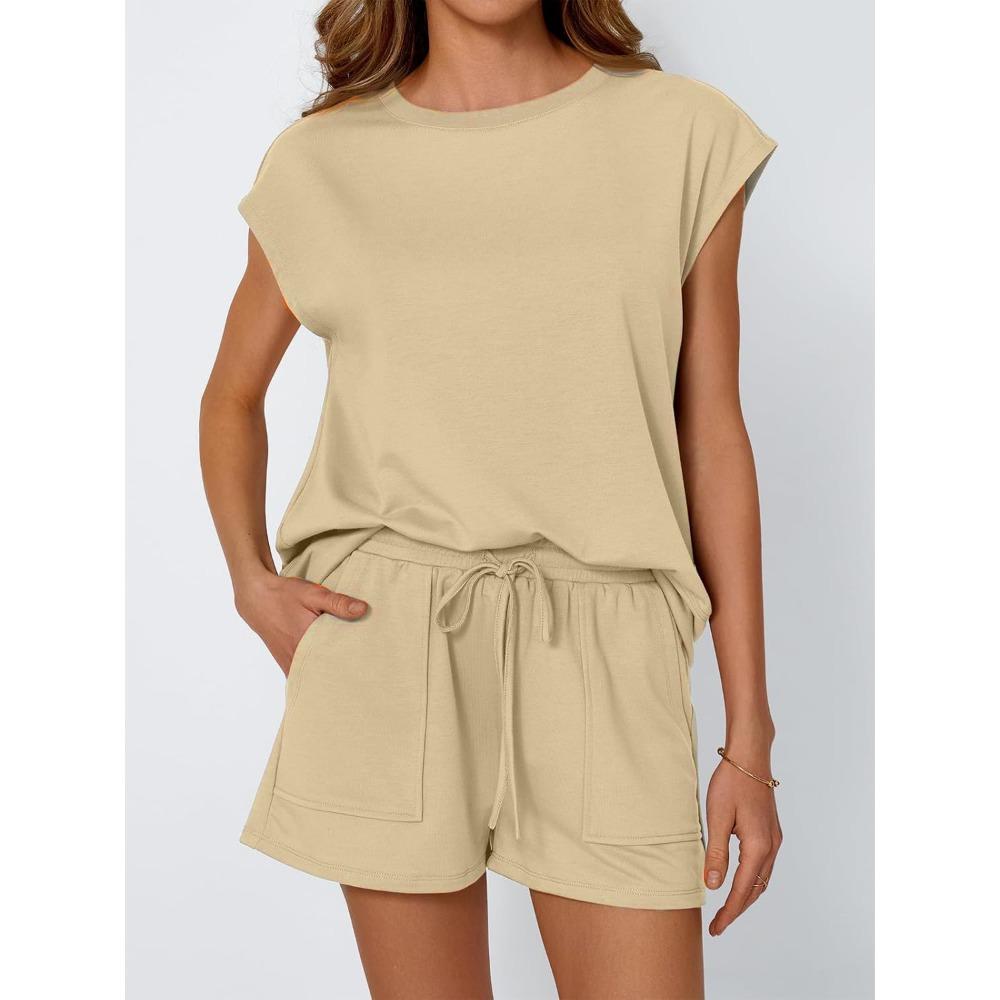 Women's Loose Fit Crew Neck Cap Sleeve Solid Pocket Drawstring Waist Short Pants Two Piece Casual Loungewear Set