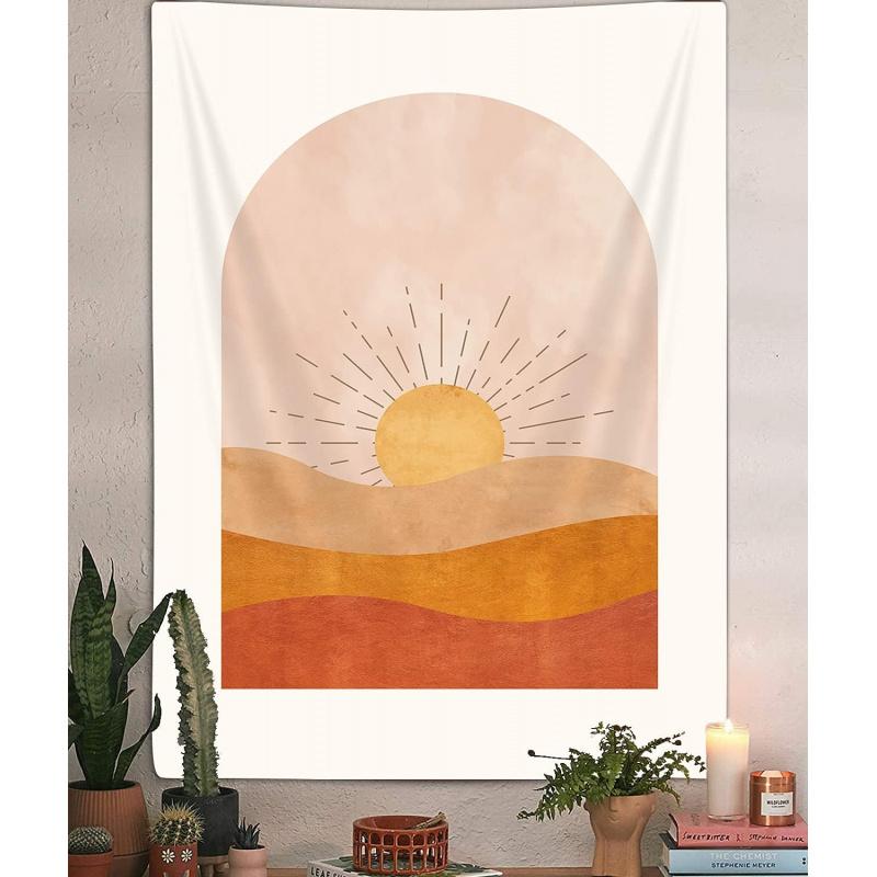 VIKAMA Boho Sonne Wandteppich Gelb Minimalistisch Wüstenberg Wandkunst Ästhetische Raumdekoration Hängendes Tuch Schlafzimmer Banner