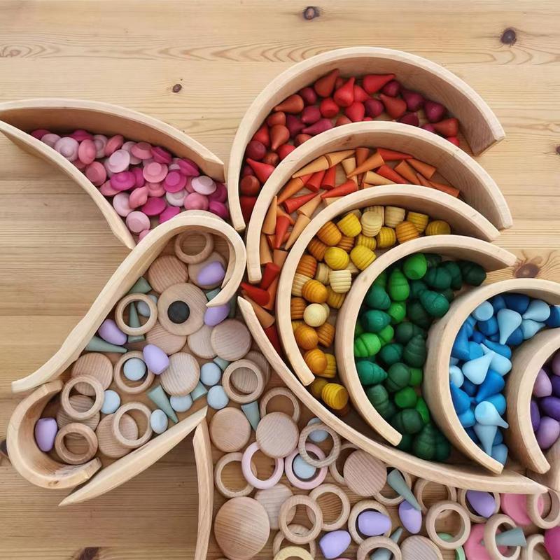 Kids Wooden Constructor Unfinished Rainbow Blocks Loose Parts Montessori Sensory Toys Droplets Cones Mushrooms Creative Blocks
