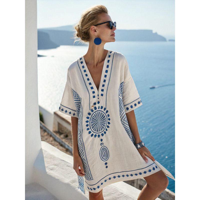 New Amazon Women's Clothing Super Fairy V-Neck Dress Seaside Vacation Beach Dress Printed Loose Mid-Length Dress