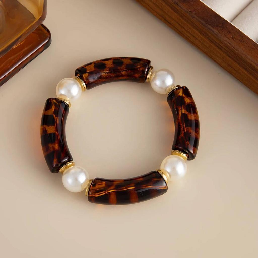 Salircon 7 Colors Vintage Imitation Pearl Elastic Rope Bangles Women Boho Exaggerated Geometric Acrylic Resin Bracelets Jewelry
