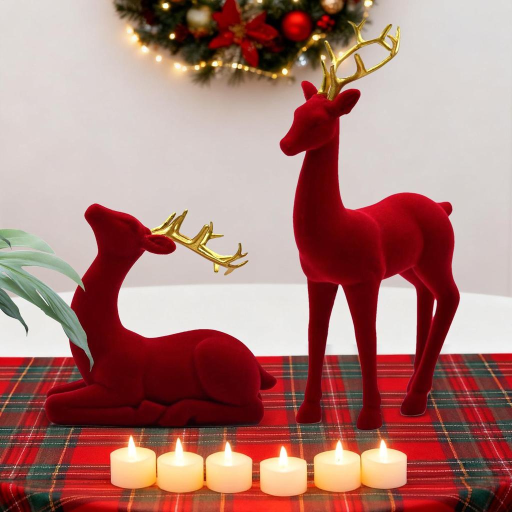 Christmas Deer Figurines Flocking Deer Sculpture 2 Pieces Sculpture Standing Sitting Red Green Elk For Workplace Party Living