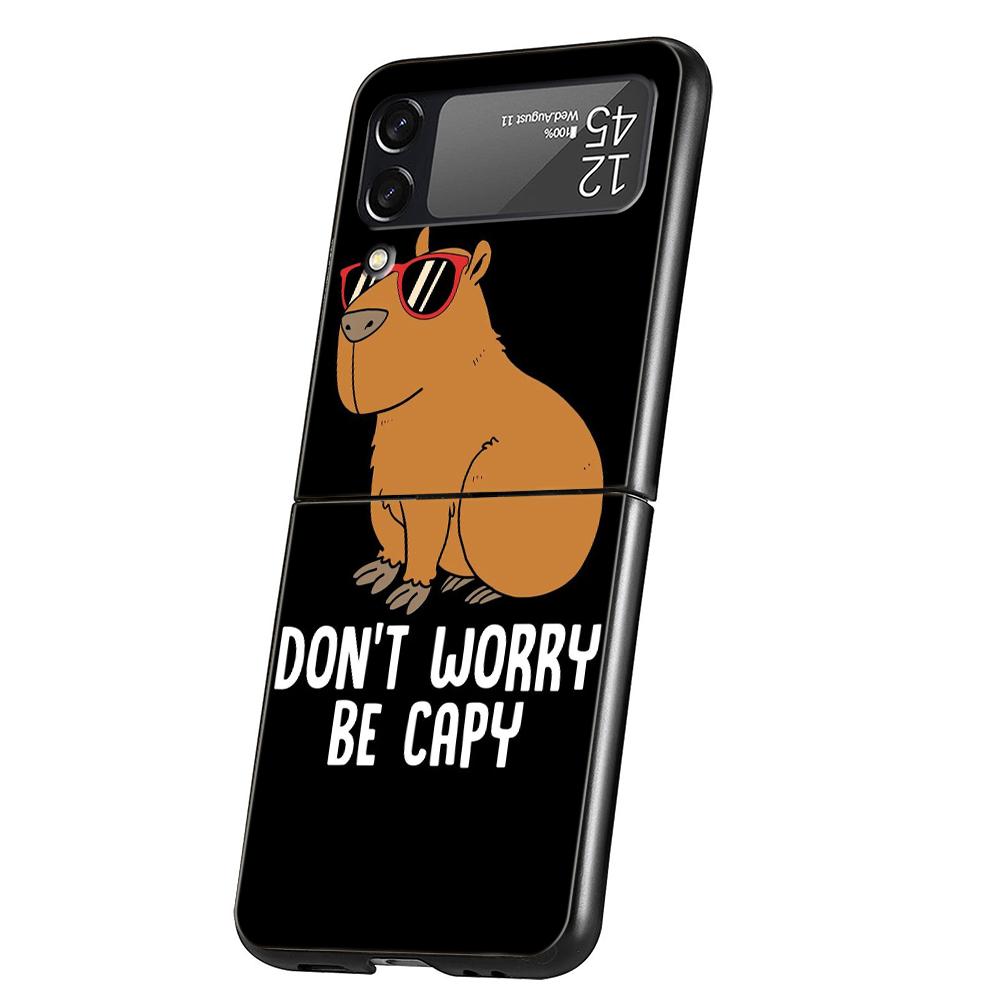 Cartoon Capybara Hard PC Phone Case For Samsung Galaxy Z Flip 5 4 3 Black Cover For Galaxy Z Flip 6 Foldable Shockproof Case Bag