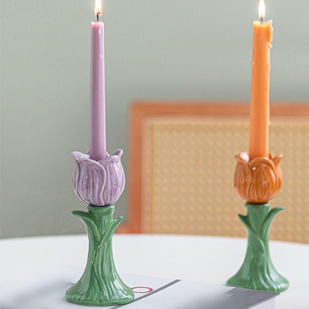 Portavelas Tulipán Estilo Nórdico Diseño Simple Portavelas Hecho a Mano con Forma de Flor Creativo Decorativo Cerámica Soporte para Velas Tulipán
