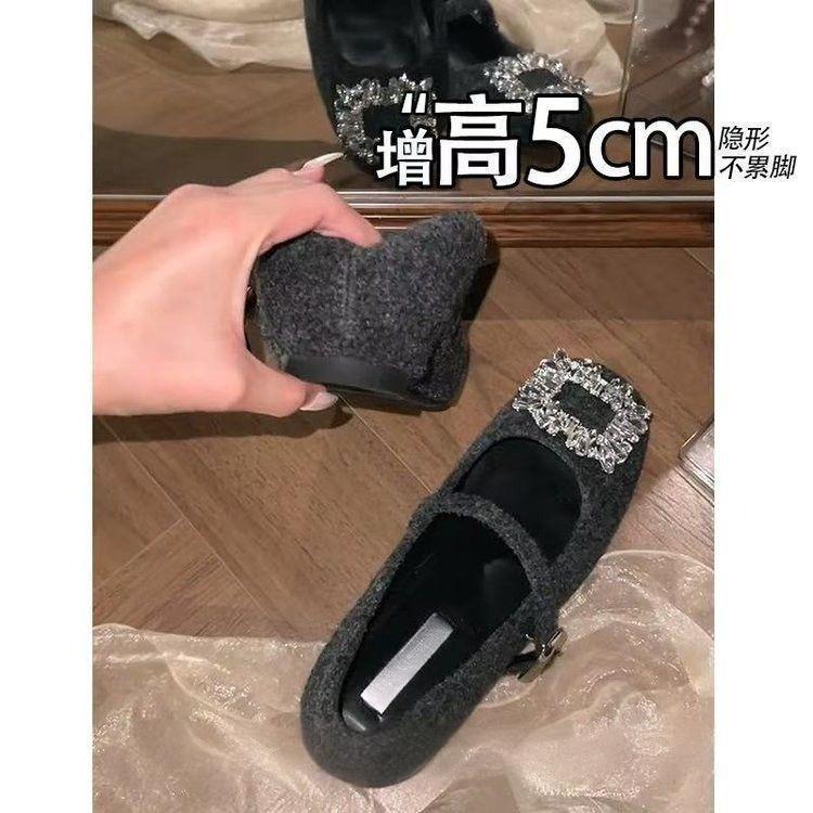 Square Head Single Shoes Casual Thick Heel Inner Heel Increased Wind Soft Sole Daily Square Buckle Woolen Mary Jane Shoes
