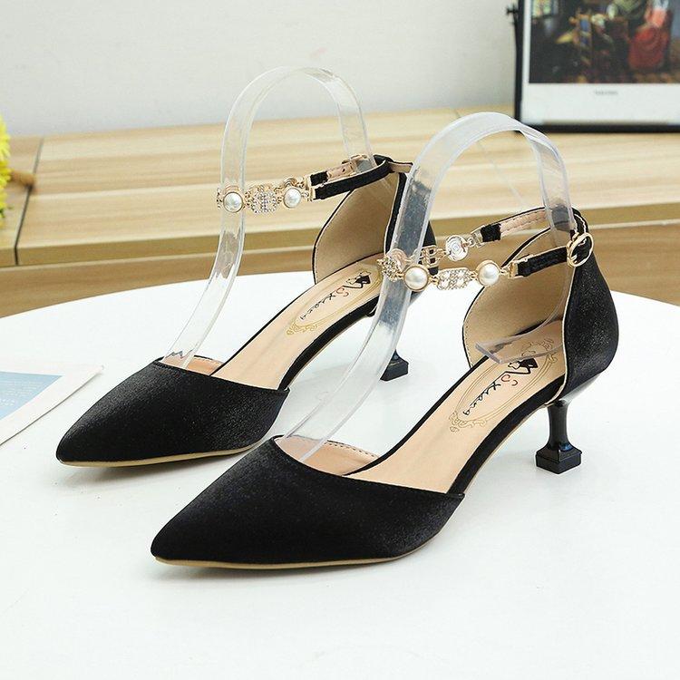 New light buckle rhinestone thin heel one-word buckle satin pointed sandals high heel light mouth