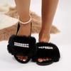 Fashion Luxury Lace Pearl Decoration Faux Fur Slides Women 2025 Winter Warm Long Plush Furry Slippers Fashion Soft Thick Bottom Slippers