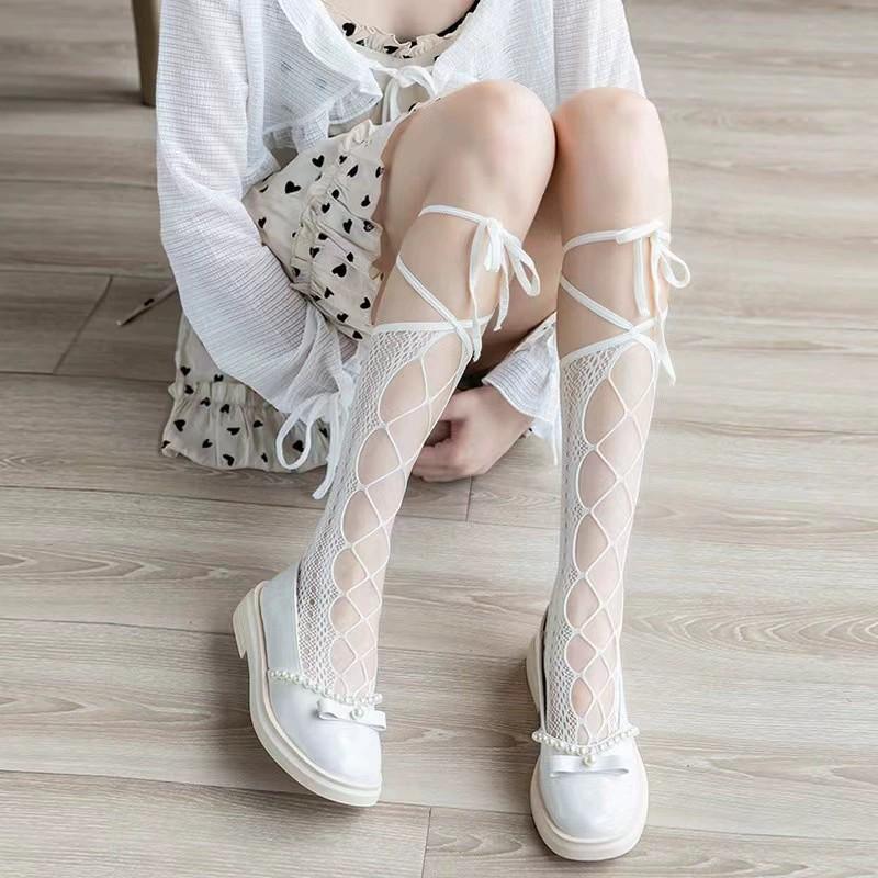 Japanese Style Hollow OutjkWomen's Calf Socks Spring Summer Lace Bowknot Socks Trendy Personality Fishnet Mid-Calf Stockin
