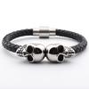 Bracelet en Cuir Tressé Double Crâne Bracelets en Cuir Véritable Noir pour Hommes