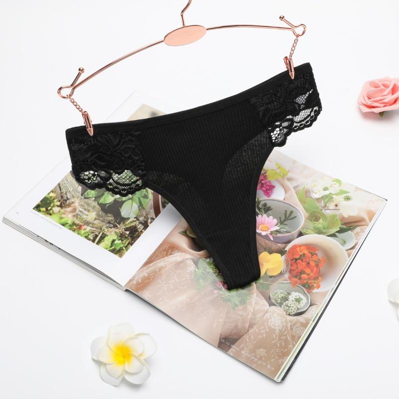 3Pcs/Set Women Cotton G-string Panties Female Underpants Breathable Underwear Solid Color Thongs Lace Trim Comfort Sexy Lingerie