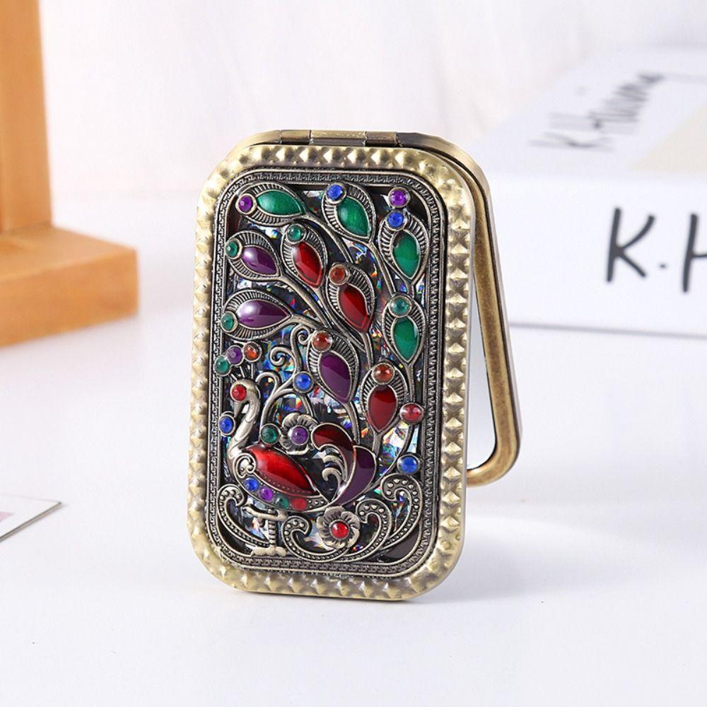 Square Compact Pocket Mirror Retro Double Sided Mirror Portable Peacock Makeup Mirror Beauty