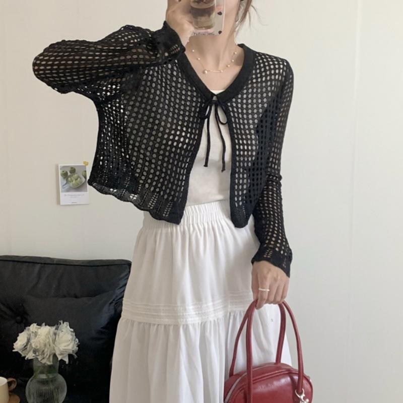 1116 spring and summer new Korean version hollow sunscreen short knitted cardigan versatile and thin lace-up shawl top women