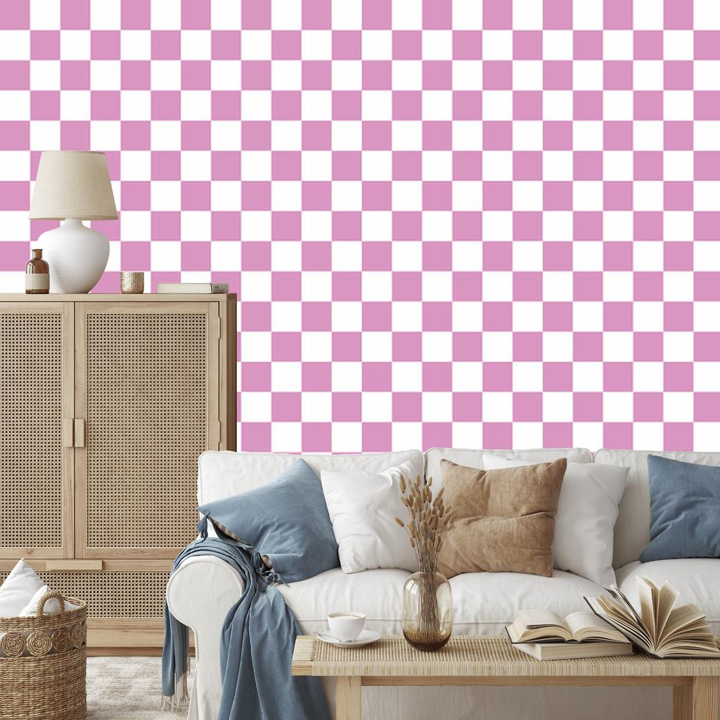 Checkerboard Wallpaper Powder Pink and White for Living Room and Bedroom 50x1000