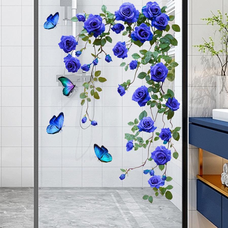 Dreamy Blue Flower Vine Strips Sticker Wall Decal, Refrigerator/Air Conditioner Glass Door Sticker